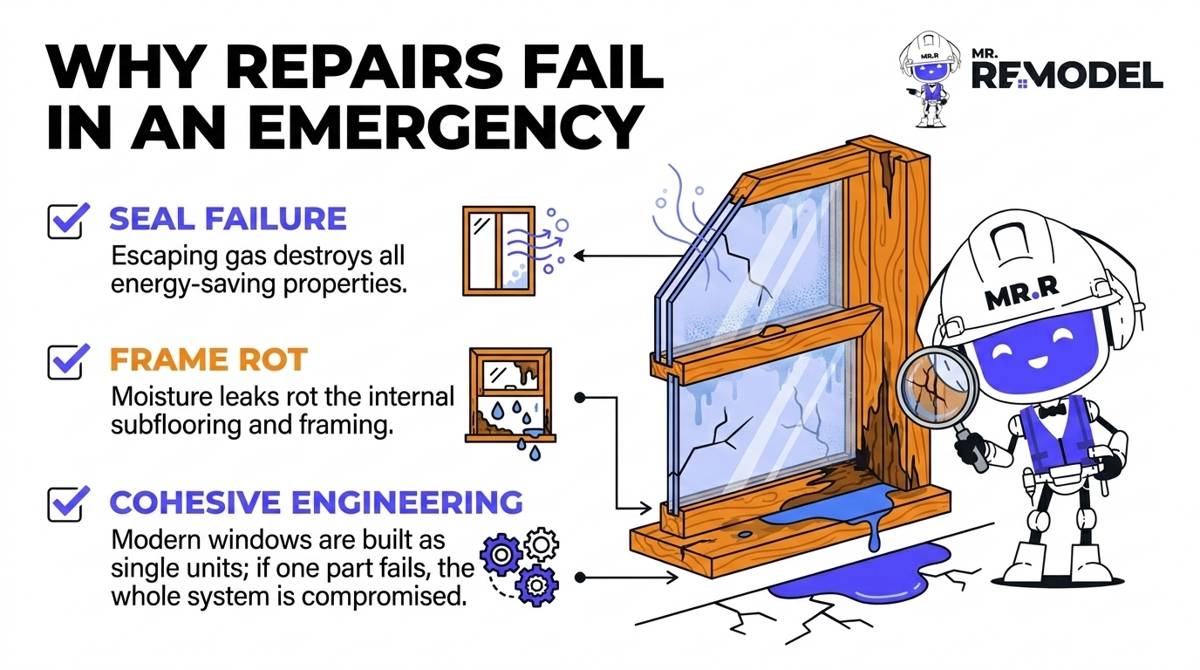 A 2026 window failure infographic illustrating why 97.30% of emergency cases require a total system replacement.